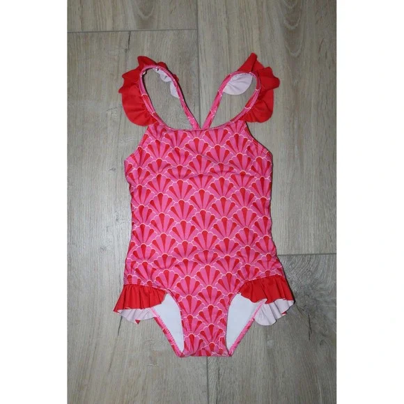 The Oaks Apparel Company Girls Pink Red Seashell Ruffle One‎ Piece Swimsuit 4Y