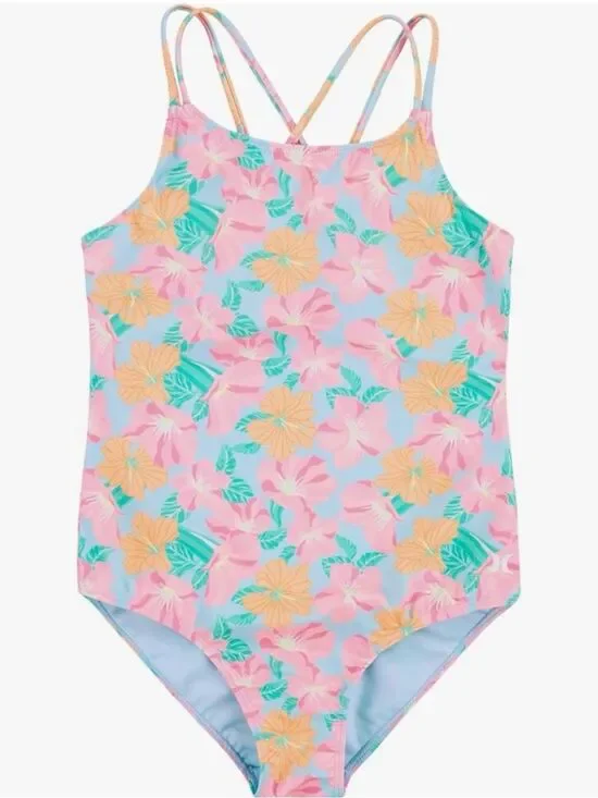 Girls' Floral One-Piece Swimsuit - Pink & Blue