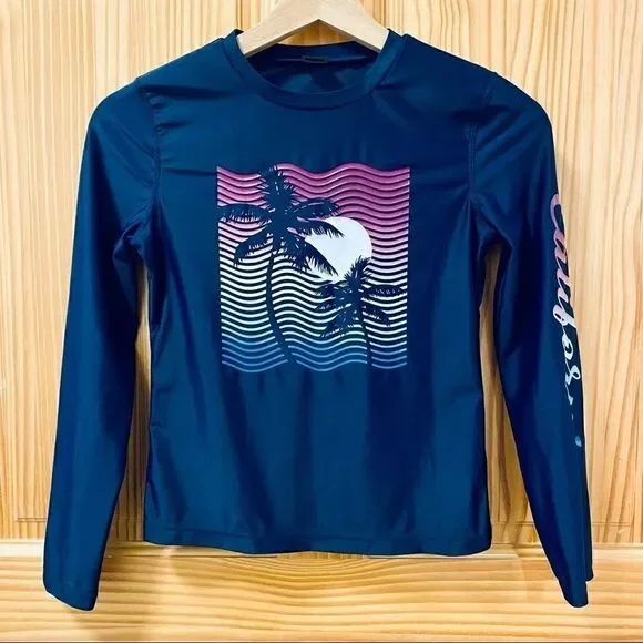 Old Navy navy blue long sleeve rashguard California palm tree design swim shirt