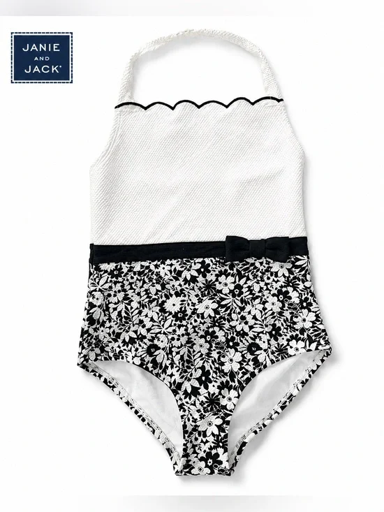 Janie and Jack Girls One-Piece Swimsuit | Size 12 | Black & White Floral