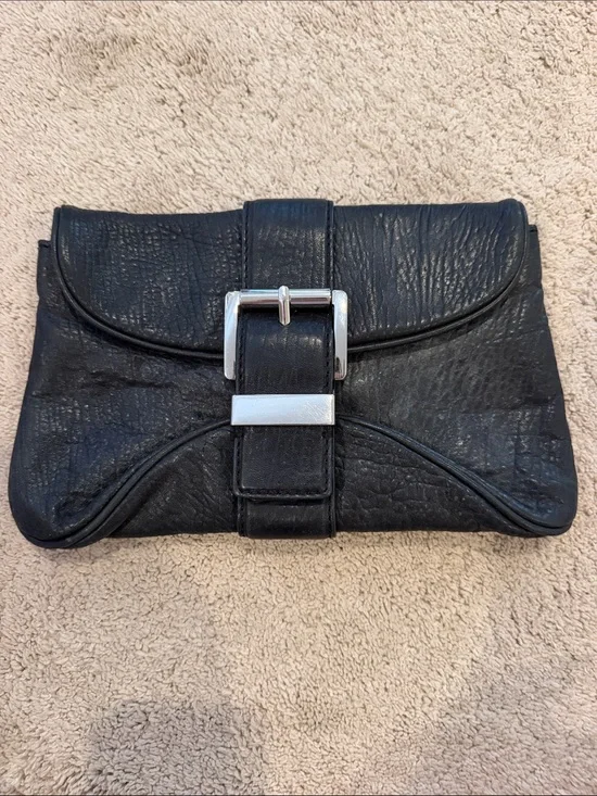 Micheal Kors Black Leather Clutch Wallet with Silver Buckle