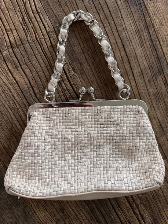 The Sak Cream Woven Frame-Top Evening Bag