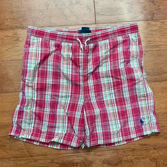 Polo Ralph Lauren Red, Lime Green Plaid Kids Swim Trunks Size Med 12/14
