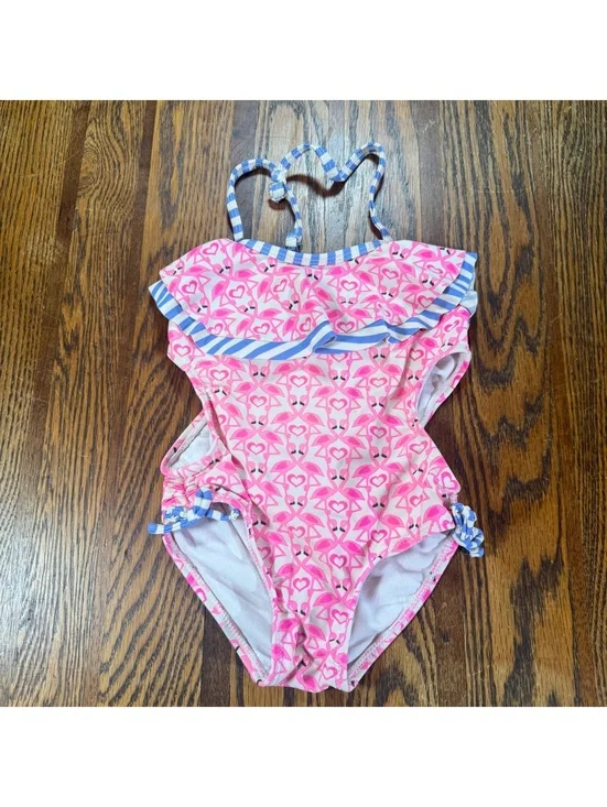 Girls 3T Pink Flamingo One-Piece Swimsuit Ruffle Heart Straps Side Ties