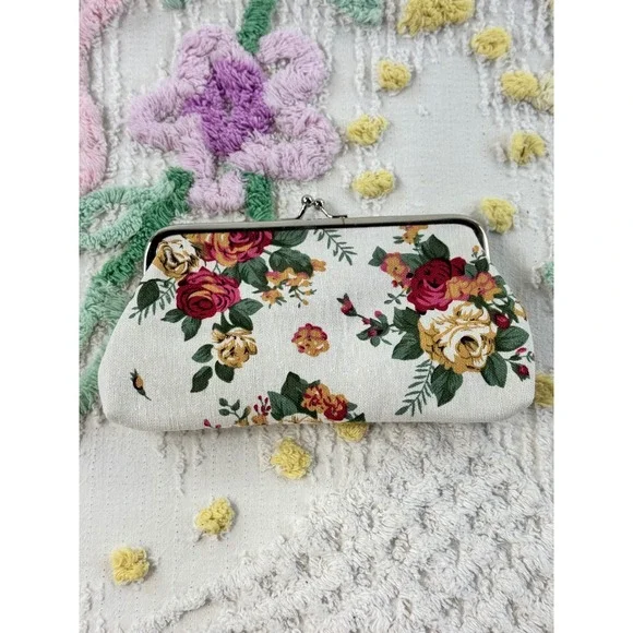 Home-X Floral Tapestry Kiss Lock Clutch Bag Cream Red Yellow Rose SKU 65888