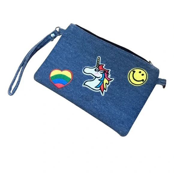 Blue Denim Wristlet Pouch‎ Unicorn Rainbow Heart Smiley Glitter Sparkle Bag Y2K