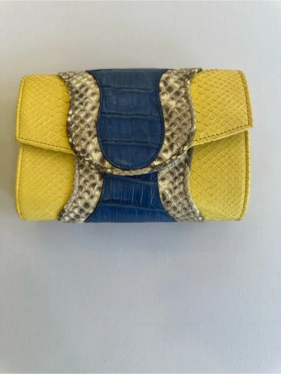 Khirma Eliazov Yellow & Blue Python, Crocodile  Clutch w/detachable metal strap