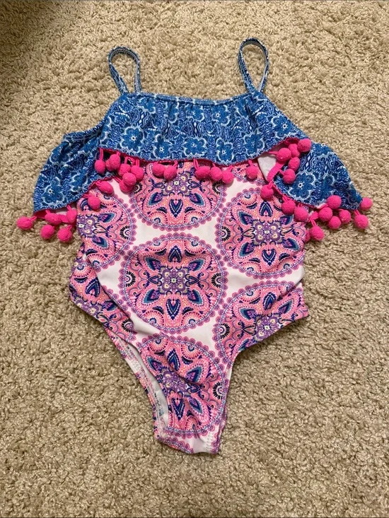 Nicole Miller Pink & Blue Mosaic Pom-Trim One-Piece Swimsuit