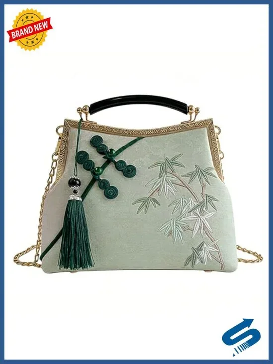 Embroidered Clutch Purse Boho Evening Bag with Tassel Vintage Crossbody Bamboo