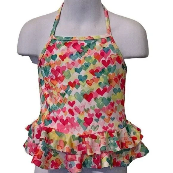 Kate Mack Girls Halter Top Swimwear Size 2T/2Y Ruffle Bottom Multicolor Hearts