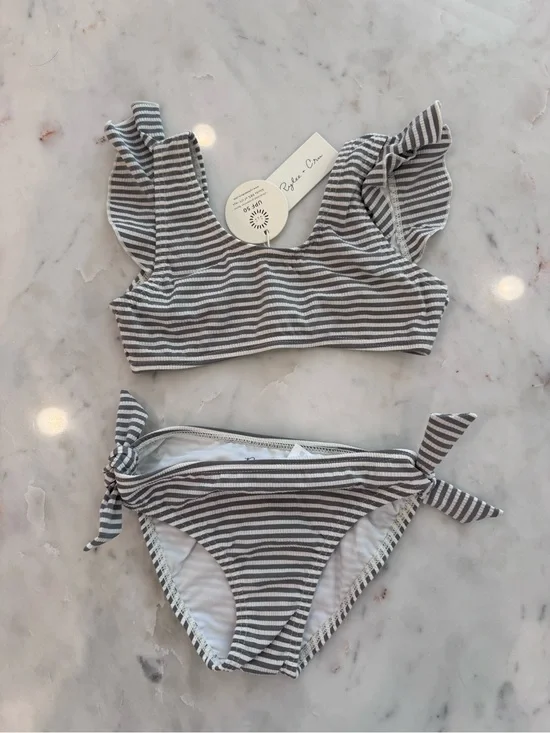 Rylee & Cru Striped Ruffle Bikini Set - Gray & White