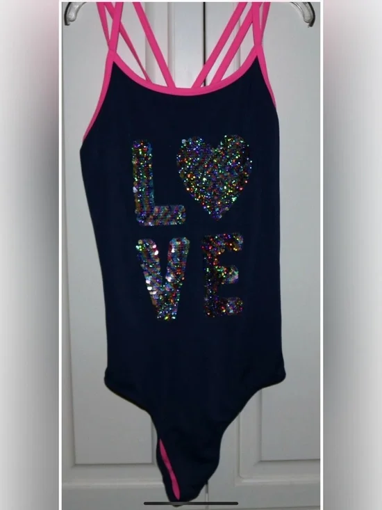 Girl's JUSTICE Sequined Love One Piece Swimsuit Size 12