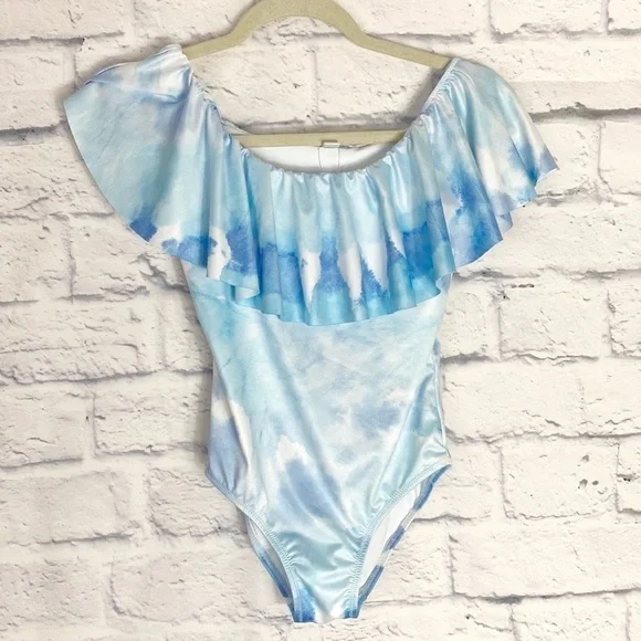 Stella Cove blue draped tie dye ruffle shoulder swimsuit NWOT