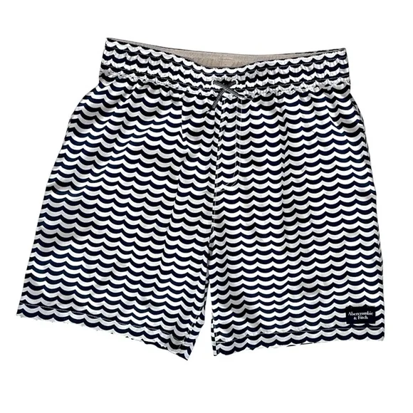 abercrombie kids Boys Swim Trunks Shorts Navy Blue White Wave Stripes Size 13/14