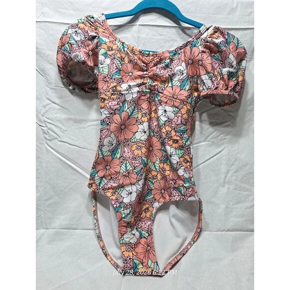 Cat & Jack Girls Floral One-Piece Swimsuit Puff Sleeve XL (14) Pink/Orange