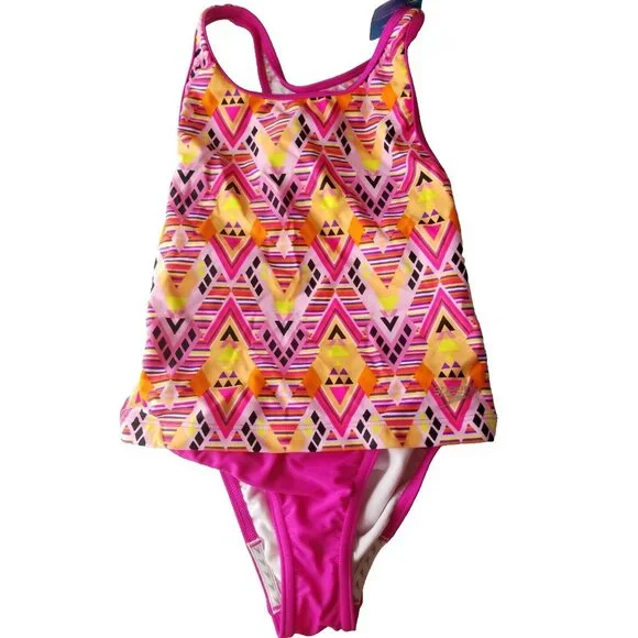 SPEEDO Girls Size 8 Black Pink Tribal Diamond 2-Piece TANKINI Bathing Swim Suit