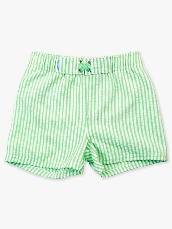 Kids Green Stripe Swim Trunks with Drawstring