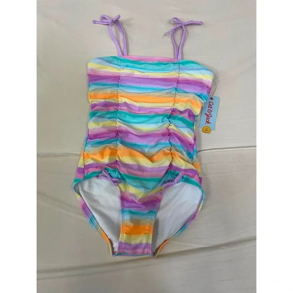 Cat & Jack Girls Rainbow Stripe Ruched One Piece Swimsuit XL 14 UPF 50+ New