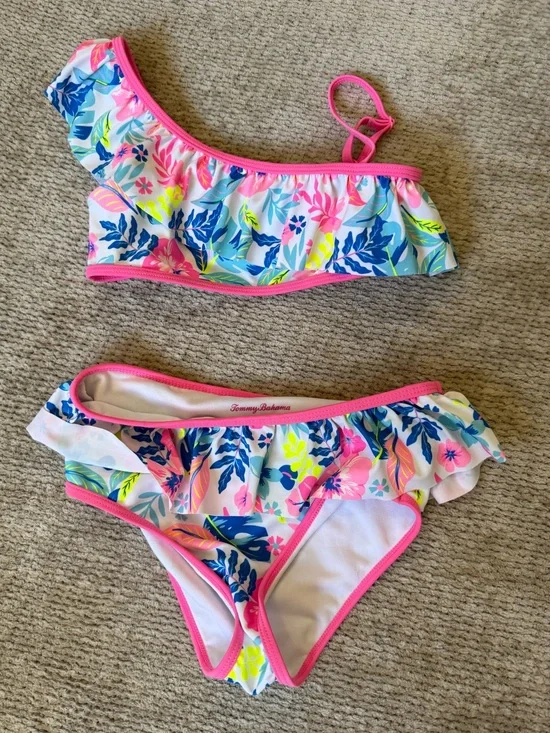 Tommy Bahama Girls Floral One Shoulder Bikini Swimsuit Size 8 Ruffle Tropical