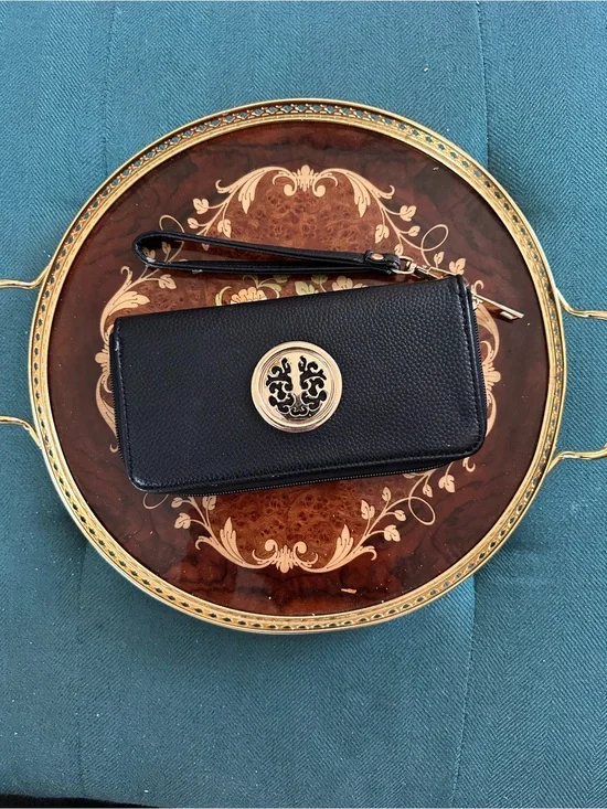 Black Wristlet Wallet with Gold Medallion