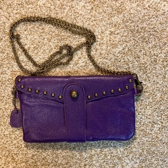 Nala Russo purple leather clutch/shoulder bag with brass hardware