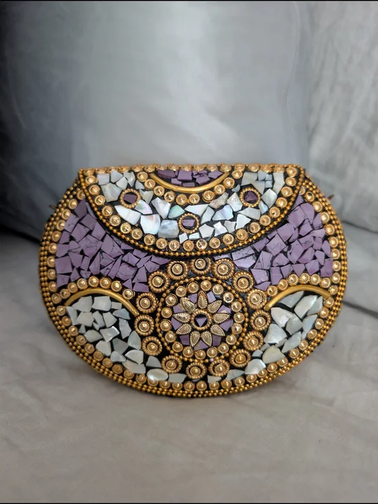 NWT RAMLA Beverly Hills Handmade Mosaic Stone Clutch Bag Purple Gold