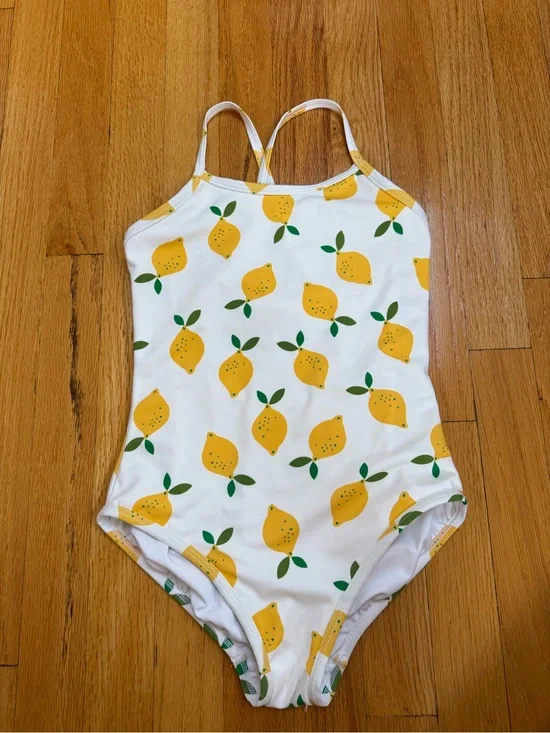 Hanna Andersson White One-Piece Swimsuit with Yellow Lemon Print