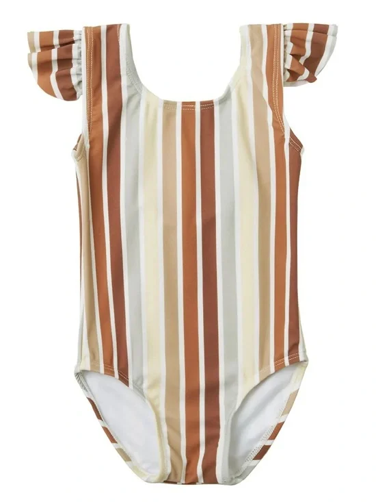 Rylee + Cru multi stripe Brown Cream Color frill one piece Swimsuit size 4-5