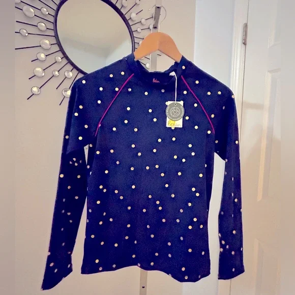 NWT Boden Girls Long Sleeve Rash Guard 13-14Y Blue Metallic Gold Dot
