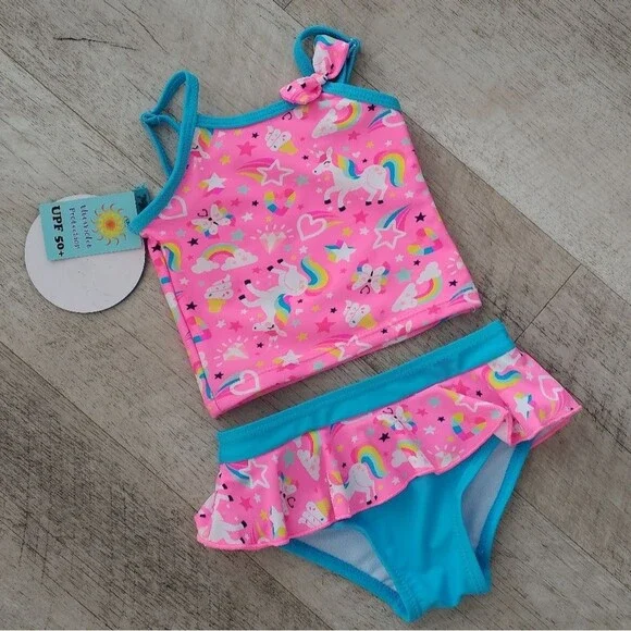NWT Heat Girls Unicorn Rainbow Ice Cream UPF 50+ Protection Bikini Swimsuit