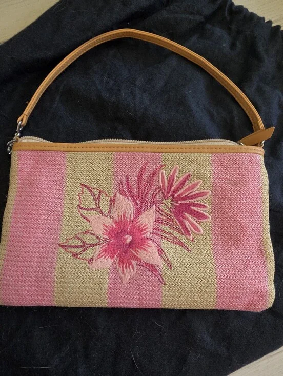 Vera Bradley Pink Floral Straw Wristlet with Tan Trim