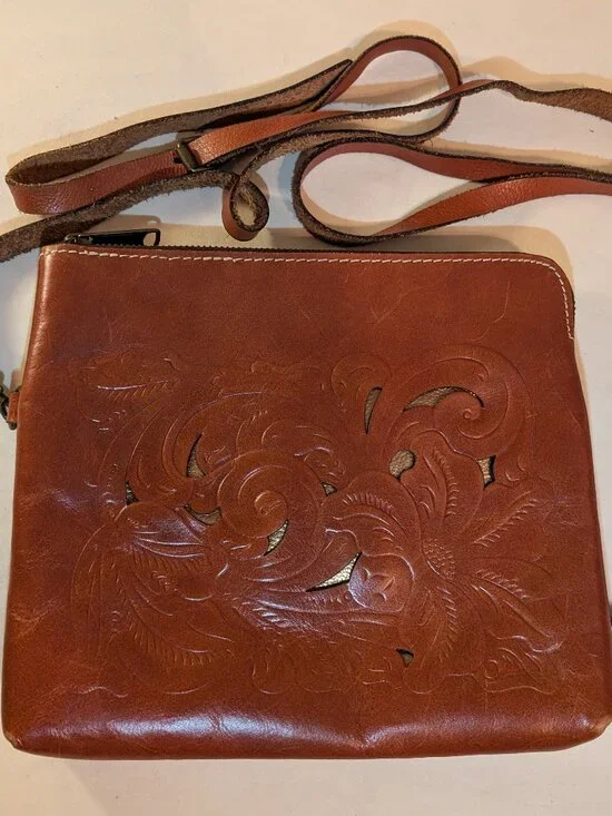 Patricia Nash Real Tooled Leather Gold Floral Clutch Purse