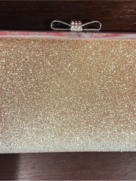 INC International Concepts Champagne Glitter Evening Clutch with Rhinestone Bow