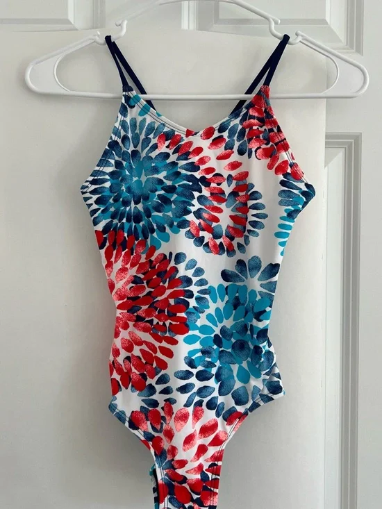 Girls' One-Piece Swimsuit with Red & Blue Floral Burst