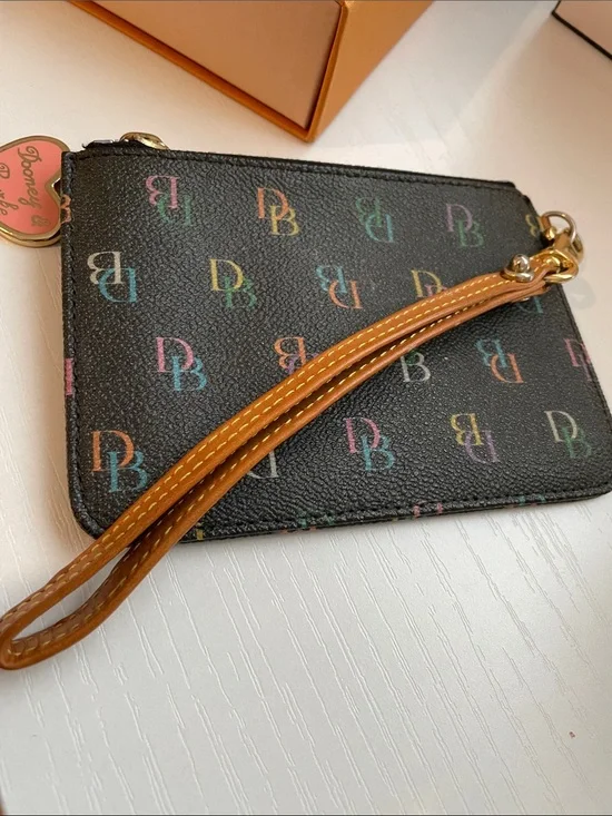 Dooney & Bourke Black Multicolor DB Logo Wristlet with Tan Strap