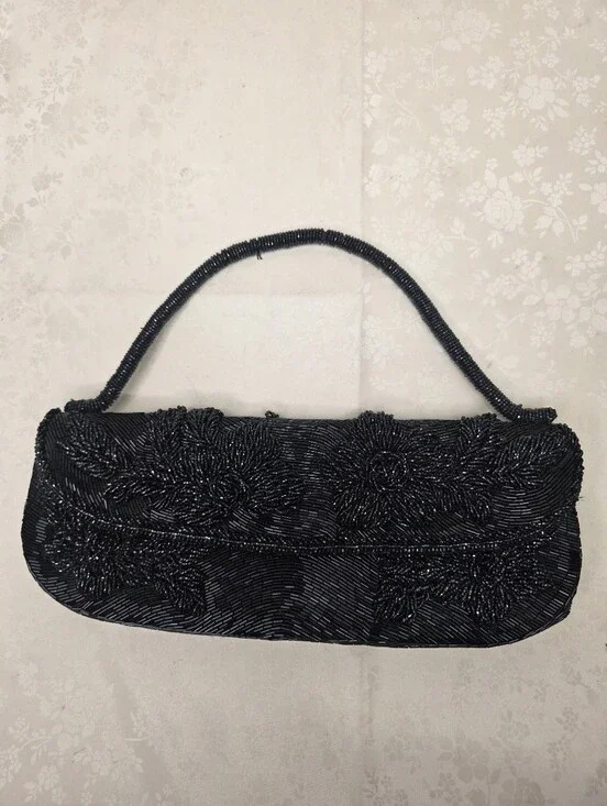 Vintage Black Beaded Floral Clutch Evening Purse