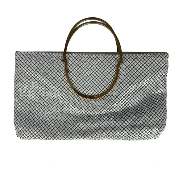 Vintage White Enameled Metal Mesh Evening Bag Gold Ring Handle Clutch Formal