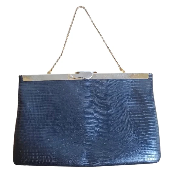 Vntg Etra Purse / Clutch. Genuine leather, croc embossed. Black with gold hardwa