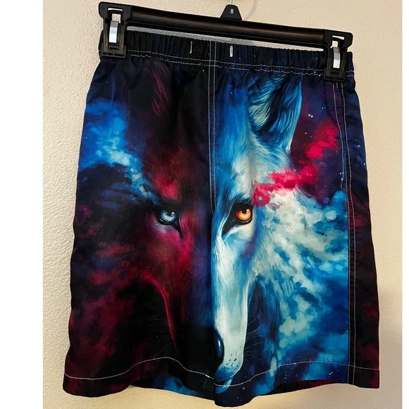 Wolf‎ Cosmic Graphic Swim Trunks Kids Good & Preowned Board Shorts Lined Large