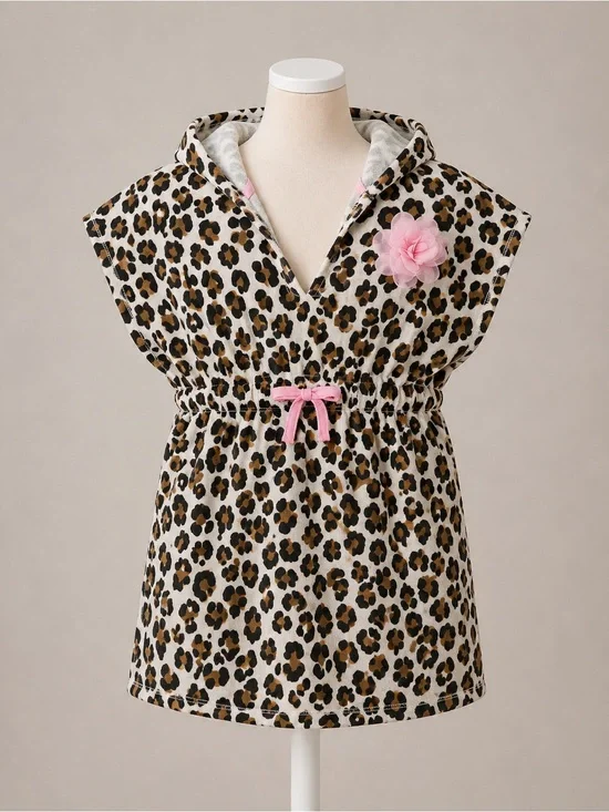 Mud Pie Leopard Hooded Swim Cover Up NWOT Girls 4-5T Pink Beach Pool Coverup