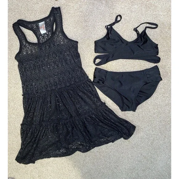 Art Class Bikini Cat & Jack Lace Cover-Up Swim Set Black Girls Medium 3pc
