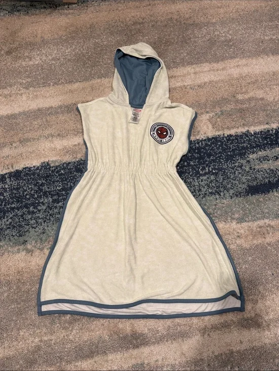 Girls Disney Store spyder man Hooded Terry Beach Dress in Cream with Gray Trim