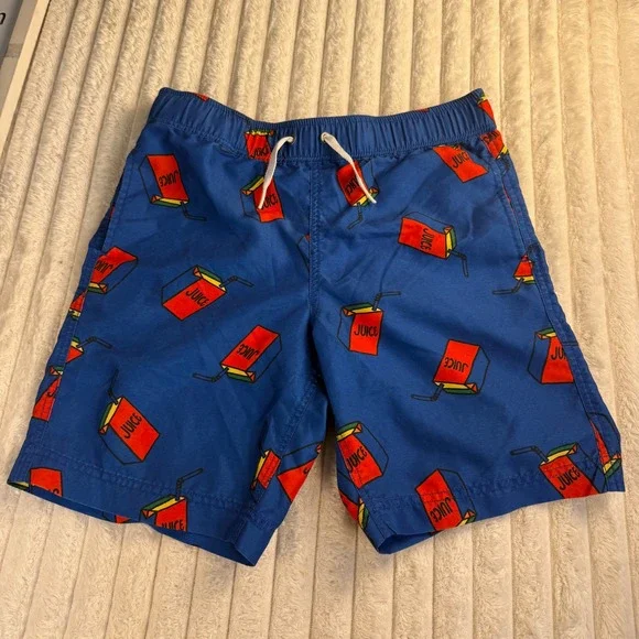 Hanna Andersson Boys Blue Juice Box Print Swim Trunks Quick Dry Mesh Lining 10