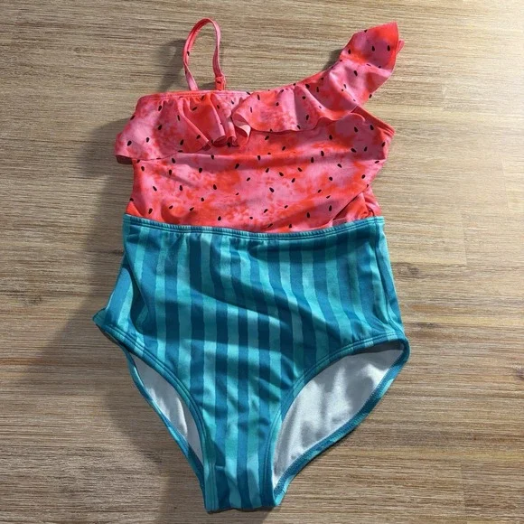 Cat & Jack Women's Watermelon One-Shoulder Swimsuit Large 10/12