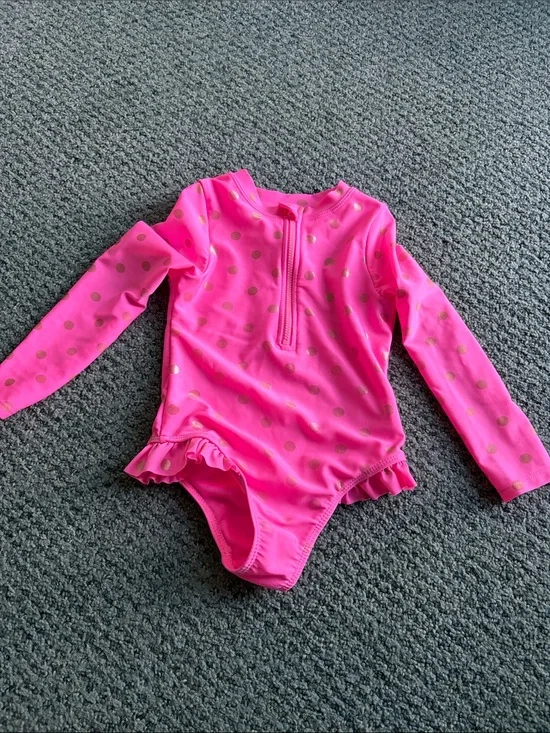 wonder nation Pink Long Sleeve One-Piece Swimsuit with Gold Dots