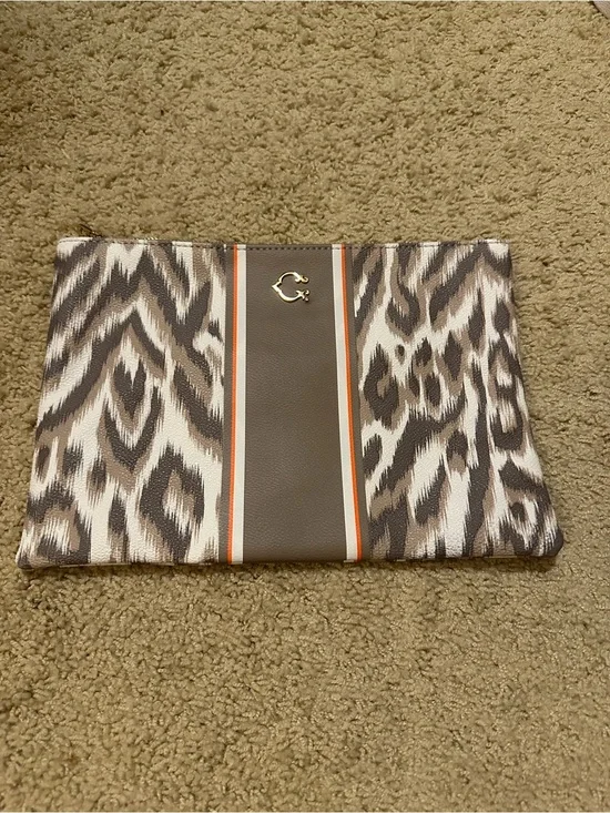 C. Wonder Taupe and Orange Trim Leopard Pouch