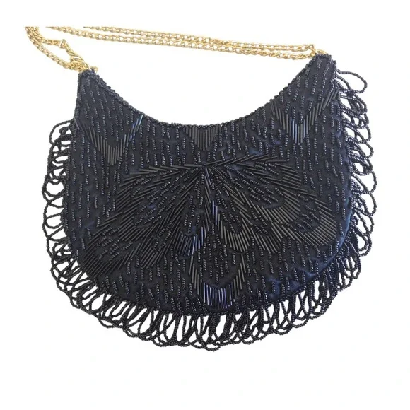 Black Beaded Vintage Purse Evening Bag Korea Double Chain Strap Lined‎ Tassels