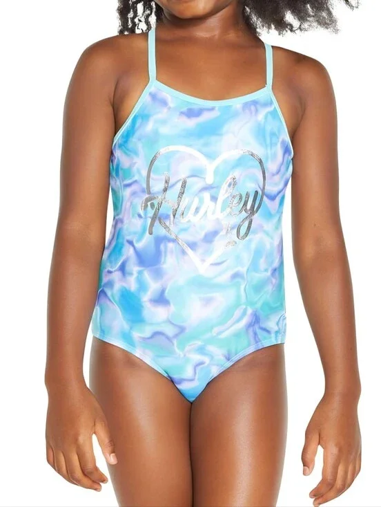 HURLEY🐳 Girl's UPF 50+ Stretch Razor Back One-Piece Quick Dry Swimsuit SIZE 5/6