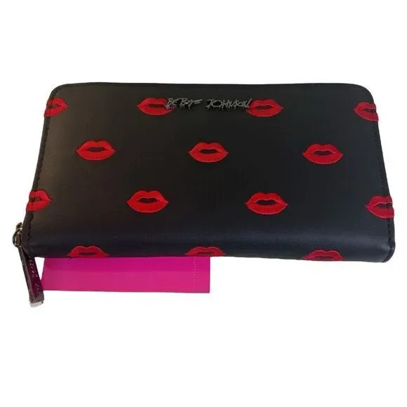 Fabulous Betsey Johnson Faux Leather Black Wristlet w/  Embroidered Red Lips.
