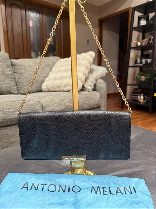 ANTONIO MELANI Black Snakeskin Embossed Faux Leather Clutch with Gold Chain